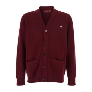 Gucci Men Bordeaux Cashmere Cardigan With V-Neck And Gg Embroidery For Men